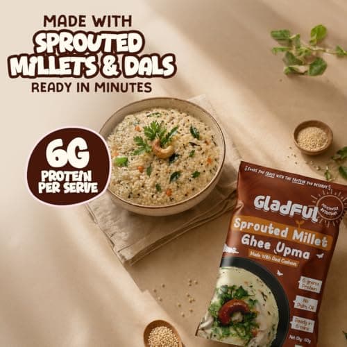 Gladful Sprouted Millet Instant Ghee Upma Mix - No Palm Oil, Trans Fat & Maida - Made with Jawar, Ragi and Suji/Rawa, Ghee & Cashew - Multigrain Protein Breakfast Healthy Snack - Pack of 6 (60g each) — image 3
