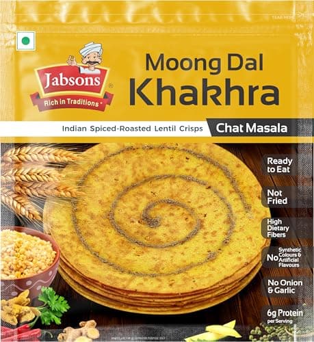 Jabsons Moong Dal Chat Masala Roasted Khakhra - 180gm | High-Protein & Fiber Rich Healthy Snack | Guilt Free Snacking | No Palm Oil | Ready to eat Snack