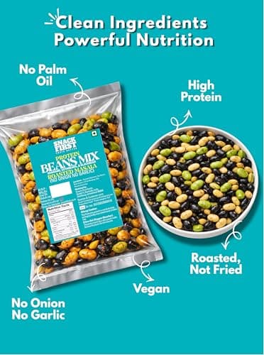 Snack First Roasted Protein Masala Beans Mix | No onion no garlic | no palm oil | 200G | 40G plant protein mixture | 3 In 1 mix | edamame, soyabeans, blackbeans | high protein | gym snack | healthy snack | crunchy & delicious | high fibre | minerals & vitamins | — image 2