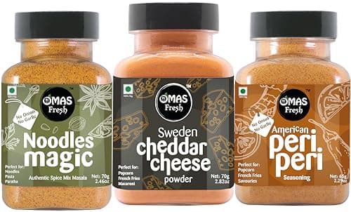 Omas Fresh Jain Combo | Cheddar Cheese Powder 70g, Noodles Magic Masala 70g, No Onion No Garlic Jain Peri Peri 65g Specially for Pizza, Pasta, Noodles, Popcorn