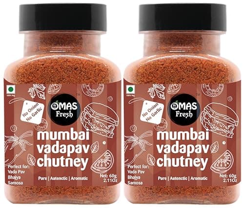 Omas Fresh No Onion, No Garlic Mumbai Vadapav Chutney 60g, Instant Coconut Dry Chutney | Perfect for Vadapav, Bhajiya, Samosa (60g, Pack of 2)