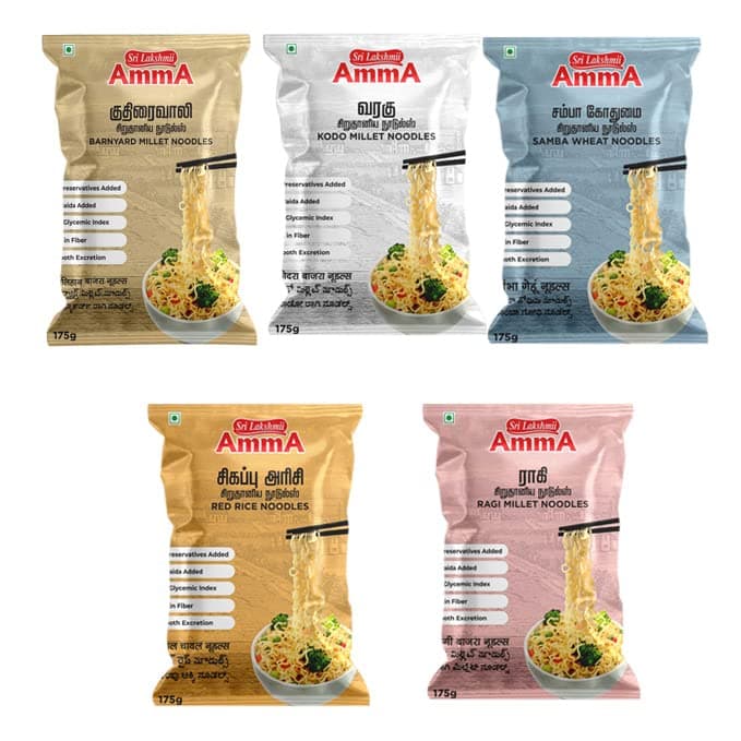 Sri Lakshmi Amma Millet Noodles | (Barnyard, Samba Wheat, Red Rice, Ragi, Proso) | (175 Grams) | Pack of V | Healthy Noodles