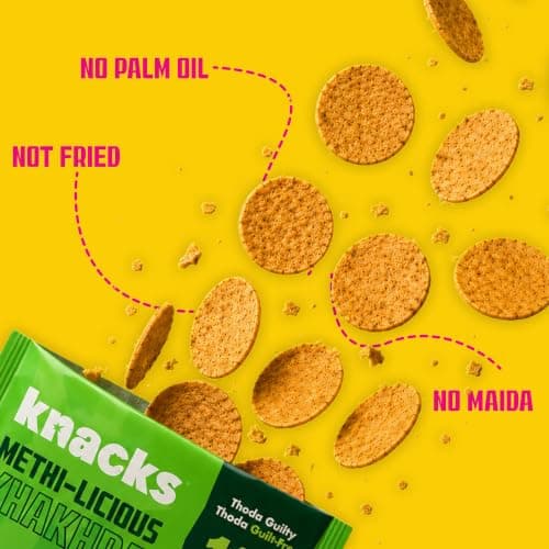 Knacks Methi-licious Khakhra Chips | Methi Masala Flavour Coin Khakhra | Pack of 6 (6 x 30g) | 118 Calories Per Pack | Jain Friendly, High Protein, Whole Wheat | No Palm Oil, No Maida, Not Fried — image 4
