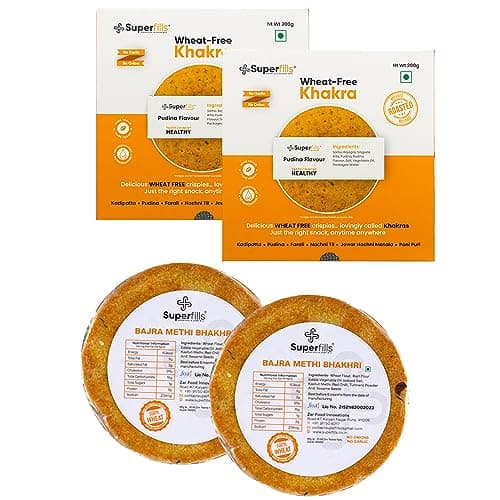 Superfills Combo Wheat-Free (Gluten Free) Pudina Khakhra | Chili Garlic Bhakhri Diet, Weight Loss, High Protein & Fiber - | Roasted Gujarati Snacks No Garlic & No Onion Chai Time (Pack of 2, 400g) — image 4