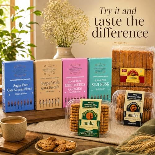 Amba Combo Pack | Desi Ghee Atta Biscuits & Sugar Free Oats Almond Biscuits | Handmade Premium Jain Cookies | Healthy Tea Time Snack | Crunchy Bakery Cookies Combo Pack — image 6