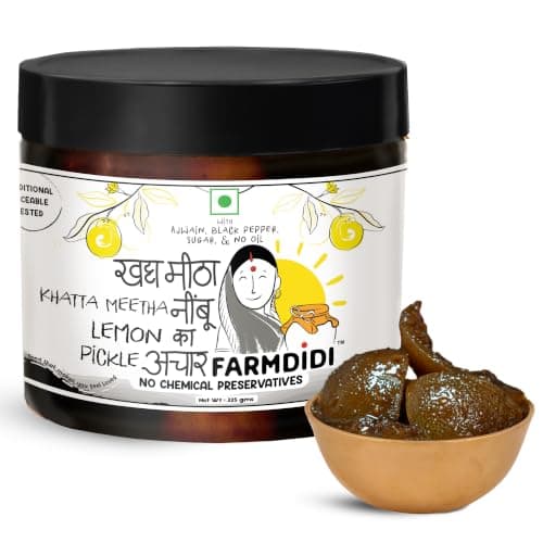 FarmDidi Lemon Pickle 325g in Fresh | Indian Homemade Nimbu ka Achar with No Onion & Garlic | Sweet & Sour Oil-Free Pickle | Traditional Grandma-Style Recipe | Organically Processed