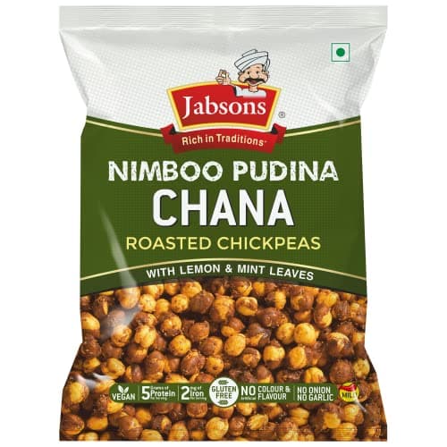 Jabsons Roasted Chana Nimboo Pudina, 150gm | 100% roasted No Onion No Garlic | Roasted Chana Namkeen Snacks Gluten-Free | Crunchy Protein Snacks | Pudina Lemon Flavour chana Ready to eat