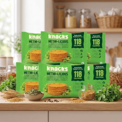 Knacks Methi-licious Khakhra Chips | Methi Masala Flavour Coin Khakhra | Pack of 6 (6 x 30g) | 118 Calories Per Pack | Jain Friendly, High Protein, Whole Wheat | No Palm Oil, No Maida, Not Fried — image 3