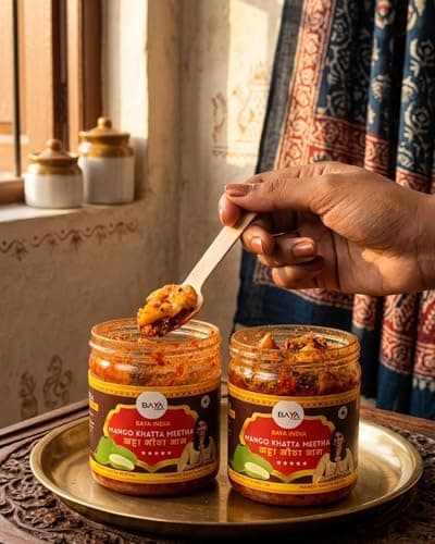 Baya India Khatta Meetha Mango Pickle, Sweet and Tangy Aam Ka Achar, Homemade Style, No Chemical and No Preservatives Pickle, No Onion No Garlic 250g Plastic Jar — image 3