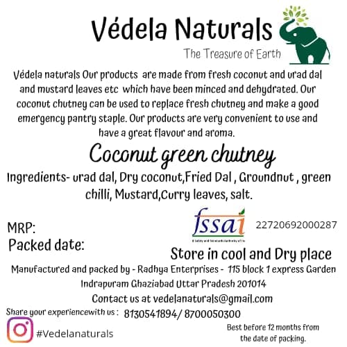Vedela Naturals South Indian Style Instant Coconut Green Chutney Powder, 100g / 3oz [Nariyal ki Chutney Just Add Water 100g — image 5