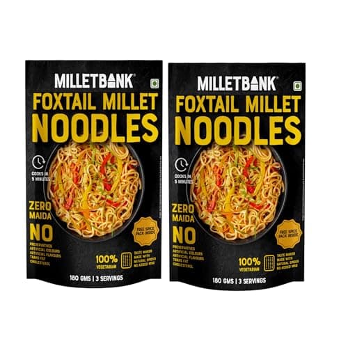 Millet Bank No Maida Foxtail Millet Hakka Noodles combo Free Masala Pack Inside, No Maida, Not Fried, No MSG, No Added Preservatives, Noodles for All Age Groups Naturally Yours ,Cup Noodles Pack of 2 180g Each