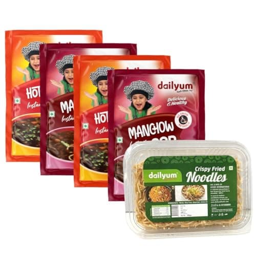 Dailyum Instant Soup Combo of 5 | No Onion No Garlic| 2 Manchow, 2 Hot N Sour-soup 50g each |Crispy Fried Noodles 200g | Natural | No MSG | Jain (Combo B)