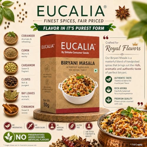 EUCALIA SATTVIK (No Onion No Garlic) Masala Range | Curry Powder (Sabji Masala), Biryani Masala, Garam Masala & Chhole Masala Combo (50g Each)| No Preservatives, No Added Colours, No Artificial Flavours — image 6
