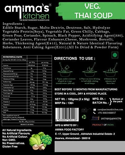 Amima's Kitchen Veg. Thai Jain Soup (No Onion No Garlic) - 100 Grams [Serves 10] | Instant Soup Mix Powder | Ready To Cook | No Artificial Flavour & Colour | Gluten Free | Non GMO | Healthy Soup — image 6