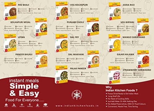 Indian Kitchen Foods Freeze Dried Gluten-Free Ready to Eat Jain Curry Combo- Chole, Dal Fry, Dal Makhani, Paneer Burji, Pav Bhaji, Veg. Kolhapuri, Palak Paneer, Pack of 7 — image 4