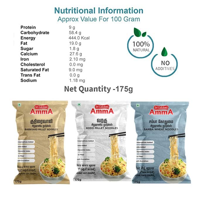Sri Lakshmi Amma Millet Noodles | (Barnyard, Samba Wheat, Red Rice, Ragi, Proso) | (175 Grams) | Pack of V | Healthy Noodles — image 2