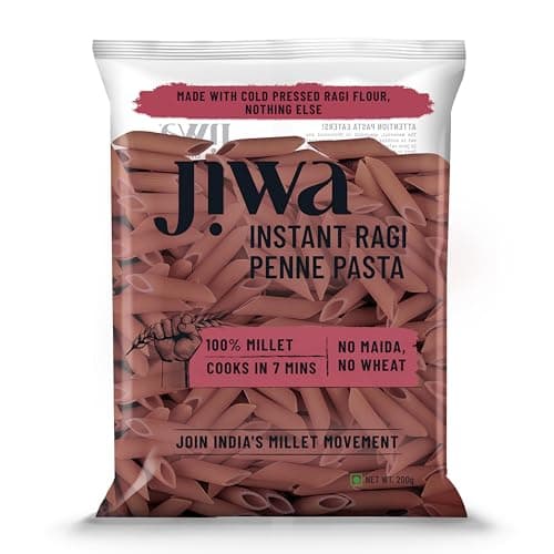 Jiwa Instant Ragi Penne Pasta | 200 G | Cooks in 7 minutes | Ready to Cook | 100% Millet | No Maida, No Atta | Gluten Free