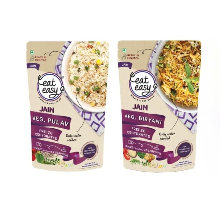 Eat Easy Ready To Eat Jain Meal Combo- Veg Biryani & Pulav (95g Each) | No Garlic No Onion Ready to Eat & Cook Travel Food | Freeze Dehydrated | 100% Veg | No Preservatives | Just Add Water
