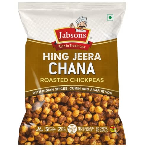 Jabsons Roasted Chana Hing Jeera | Contains Black Chana, Chilli Powder, Indian Spices for Flavour | 100% roasted | Gluten-Free Crunchy Protein Snacks | Bhuna Chana Masala with Iodized Salt | No Onion No Garlic | 150g