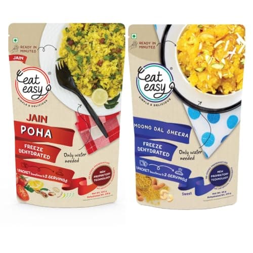 Eat Easy Ready To Eat Jain Poha & Moongdal Sheera Combo | Just Add Water and Cook | Freeze Dehydrated, Instant Healthy & Delicious Poha & Dessert for Travel, Hostel, Trekking, Camping, Hiking