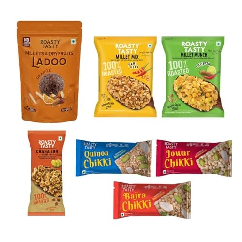 Roasty Tasty Millet Namkeen Combo | 100% Roasted, Non-Fried Munchies | 4 Flavours – Pudina, Peri Peri, Chatpata, Sweet & Spicy | 20% Millets | Healthy Snacks for Kids & Adults | Palm Oil-Free | 300g — image 8
