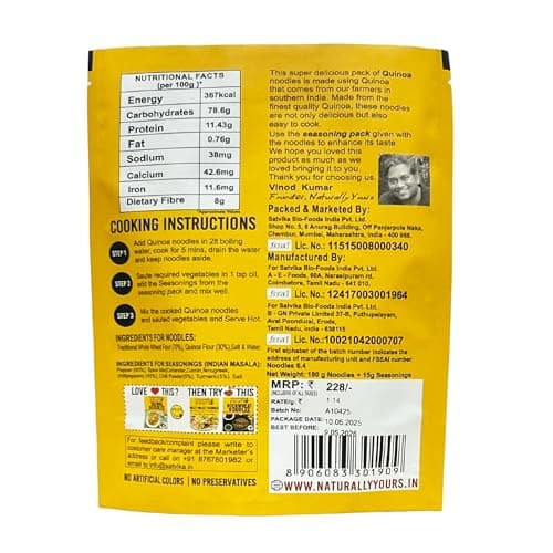 Naturally Yours Quinoa Hakka Noodles | Quinoa & Whole Wheat | No Maida, No Onion No Garlic, Jain Friendly, Vegan, Preservative Free, No MSG | High Protein & Fiber | Tastemaker Inside | 180g Pack of 3 — image 2