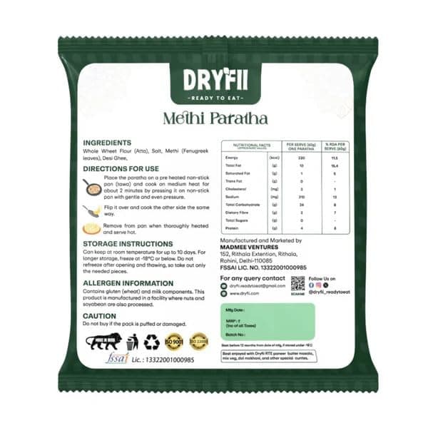 Dryfii Ready to Eat Methi Paratha (5 Pieces, 1 Pack) & Jain Palak Paneer Combo | Freeze Dried | Protein Rich Meal | No Onion No Garlic — image 3