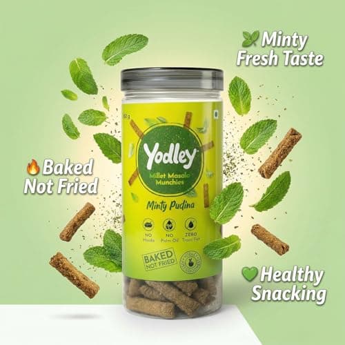 Yodley Millet Masala Munchies - Minty Pudina Flavour - Pack Of 2 | Baked, Not Fried | No Maida, No Palm Oil | Zero Cholesterol | Zero Trans Fat & High In Fiber | Calcium & Iron Rich | Healthy Indian Snack - 150gm — image 4