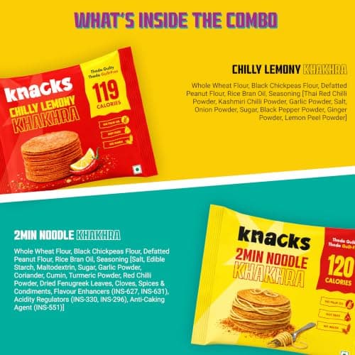 Knacks Masala Khakhra Pack | 2Min Noodle + Chilli Lemon Coin Khakhra, 6 x 30g | 119-120 Calories Per Pack | Healthy Snack Gift Box | No Palm Oil, No Maida, Not Fried | High Protein — image 3