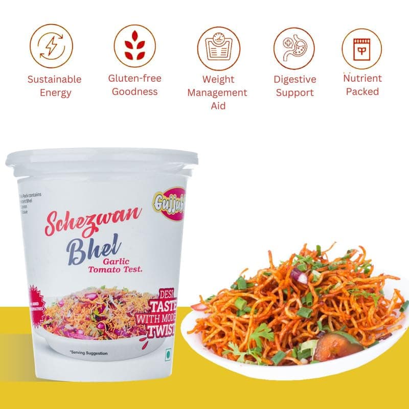 Gujjubhai Jain Bhel & Schezwan Bhel Combo – 80g x 8 | Instant Spicy & Tangy Snack Mix | No Onion No Garlic | Ready-to-Eat Indian Street Food | Travel-Friendly Namkeen Pack — image 4