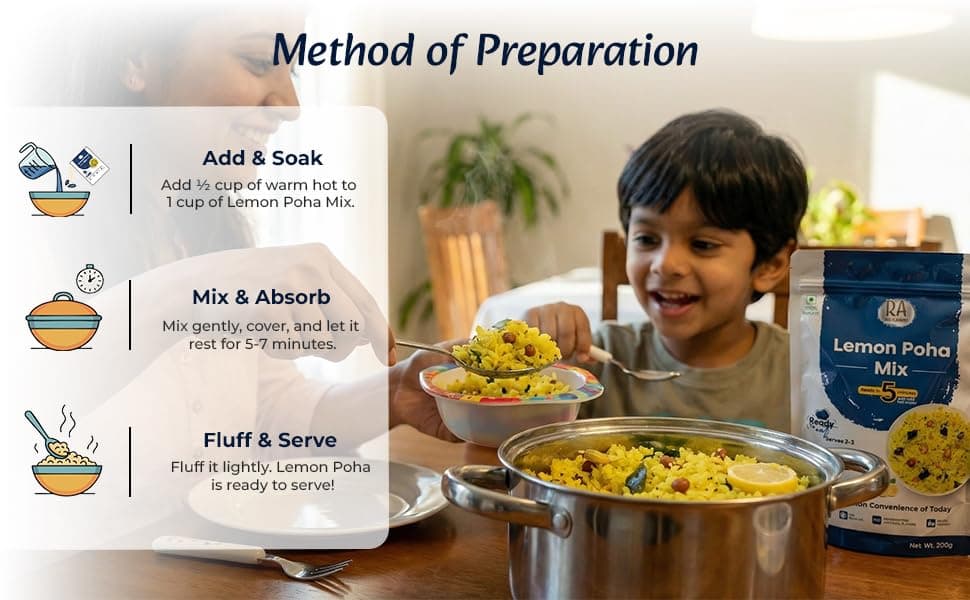 RA Desi Flavors Instant Lemon Poha Mix 2x200g – Ready to Eat Breakfast & Snack | Just Add Hot Water in 5 Minutes | Healthy Vegan Poha | No Preservatives | No Onion No Garlic | Travel Friendly Instant Food — image 2