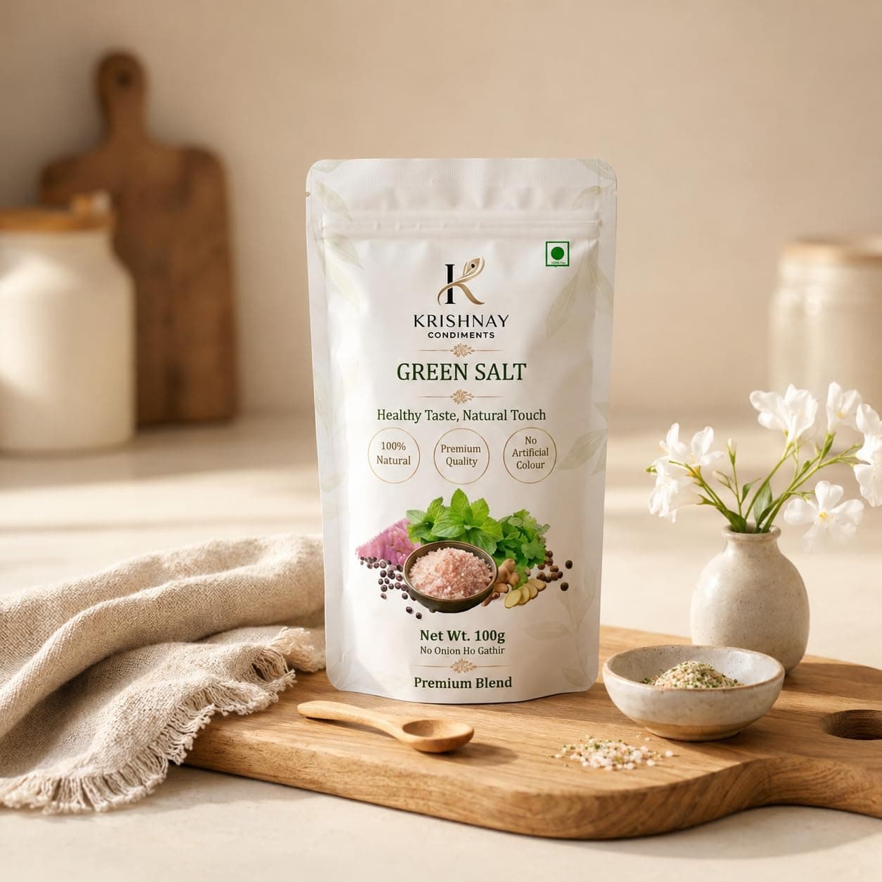 Natural Green Salt Seasoning | Herbal Flavored Salt Mix with Mint Coriander Spices | No Onion No Garlic Premium Blend (100g) — image 8