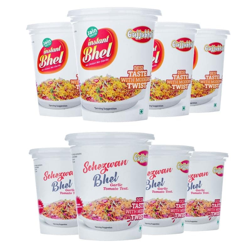 Gujjubhai Jain Bhel & Schezwan Bhel Combo – 80g x 8 | Instant Spicy & Tangy Snack Mix | No Onion No Garlic | Ready-to-Eat Indian Street Food | Travel-Friendly Namkeen Pack