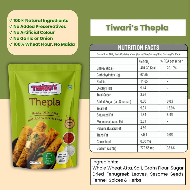 Tiwari’s Thepla Paratha/Poori Ready-To-Use Atta Mix | 100% Vegetarian, Vegan Instant Healthy High Protein & Fiber Flatbread Mix With No Preservatives, No Onion & Garlic | 300gm, Pack of 1 — image 3