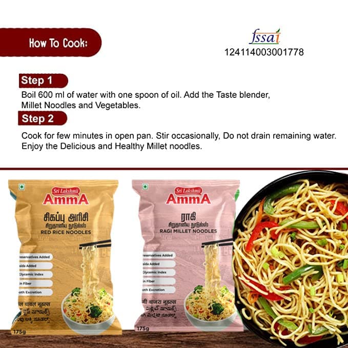Sri Lakshmi Amma Millet Noodles | (Barnyard, Samba Wheat, Red Rice, Ragi, Proso) | (175 Grams) | Pack of V | Healthy Noodles — image 3