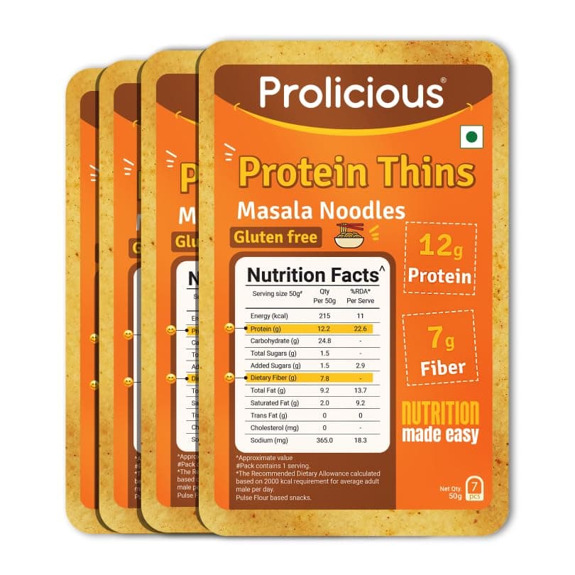 Prolicious High Protein & High Fiber Masala Nooodle Chips | Gluten Free | No Maida | Healthy Snack | Easy to Carry | Jain | 50g each, Pack of 4