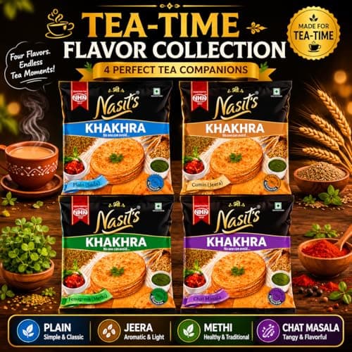 Nasit's Tea-Time Khakhra Combo Pack | Plain, Jeera, Methi & Chat Masala Flavors | Roasted Whole Wheat Gujarati Snack Assortment | 4 x 200g (800g) — image 7
