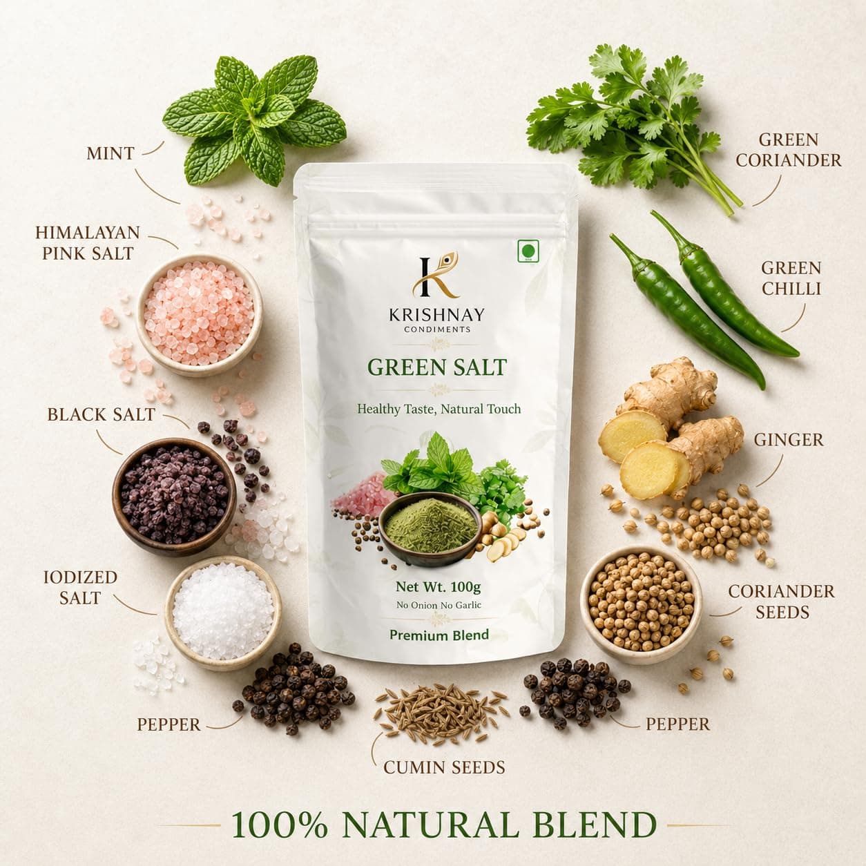 Natural Green Salt Seasoning | Herbal Flavored Salt Mix with Mint Coriander Spices | No Onion No Garlic Premium Blend (100g) — image 3