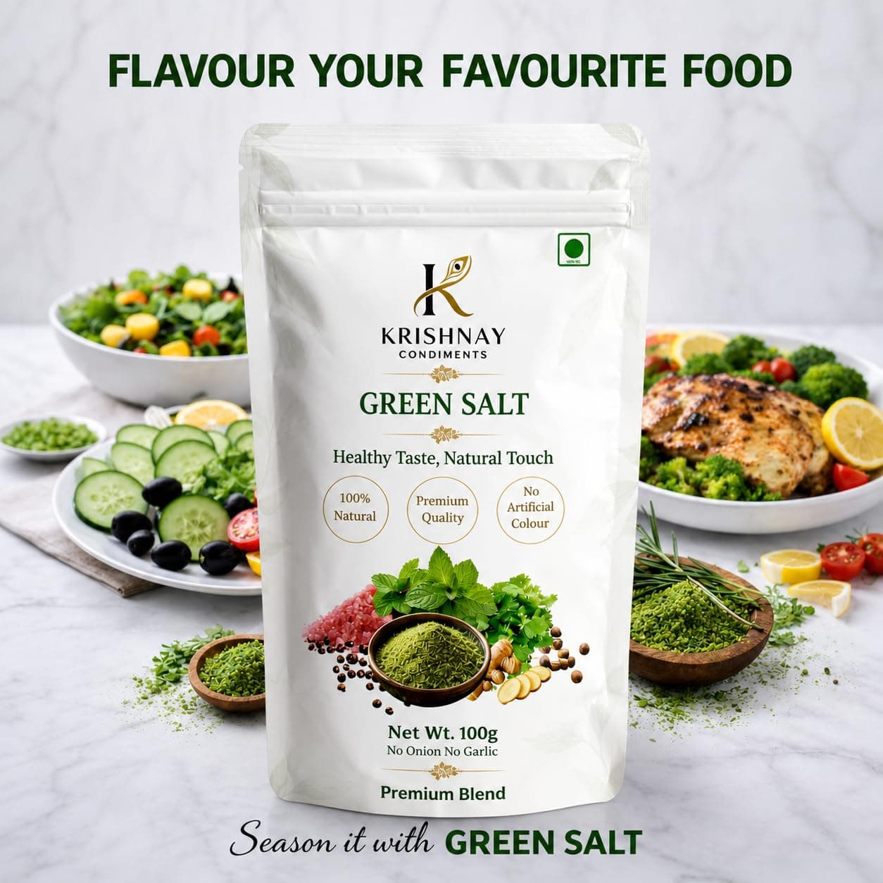 Natural Green Salt Seasoning | Herbal Flavored Salt Mix with Mint Coriander Spices | No Onion No Garlic Premium Blend (100g) — image 5