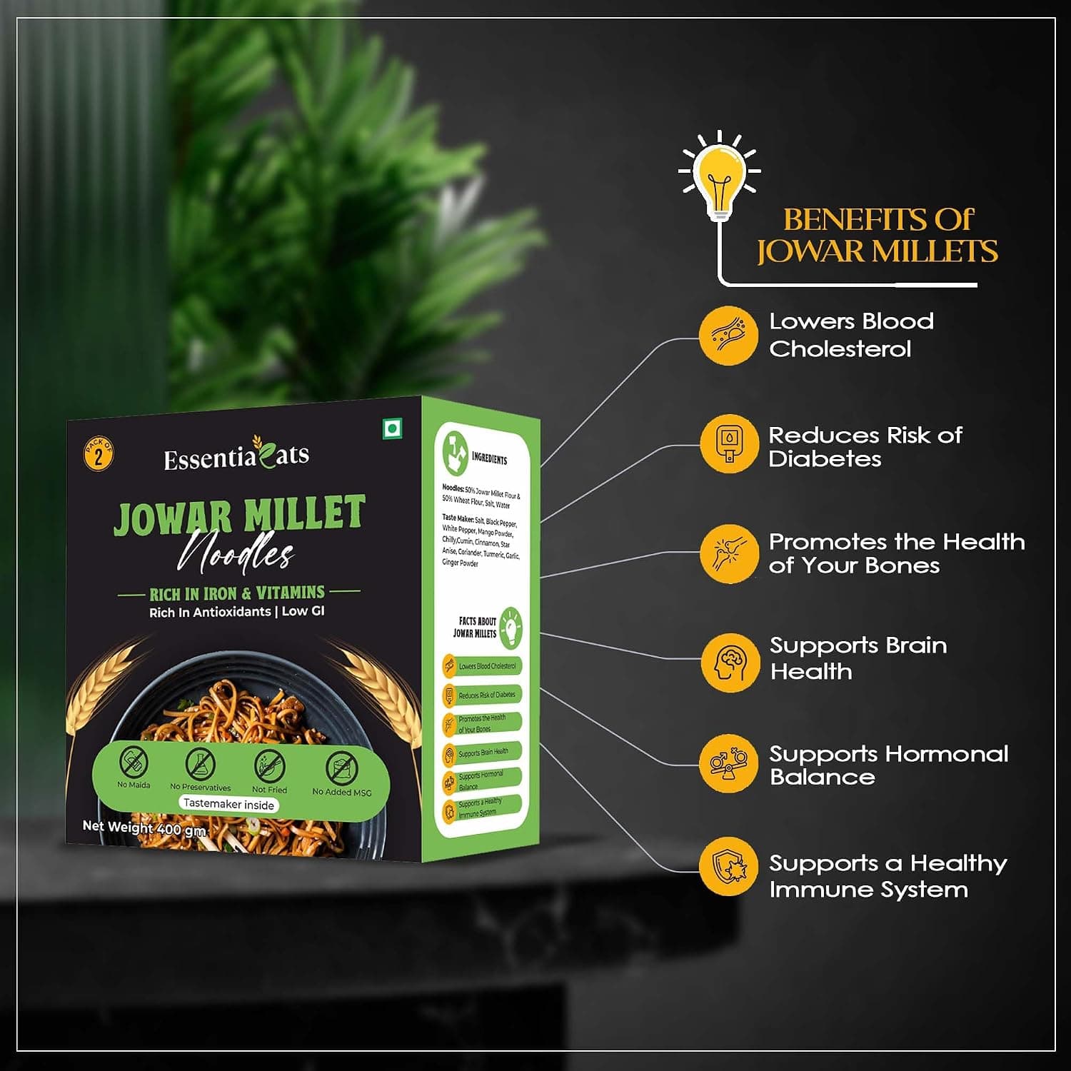 Essentiaeats Jowar Millet Noodles Includes Tastemaker 400g Pack of 2, No Maida Not Fried No Preservatives No MSG Healthy Hakka Noodles Ready to Cook — image 5