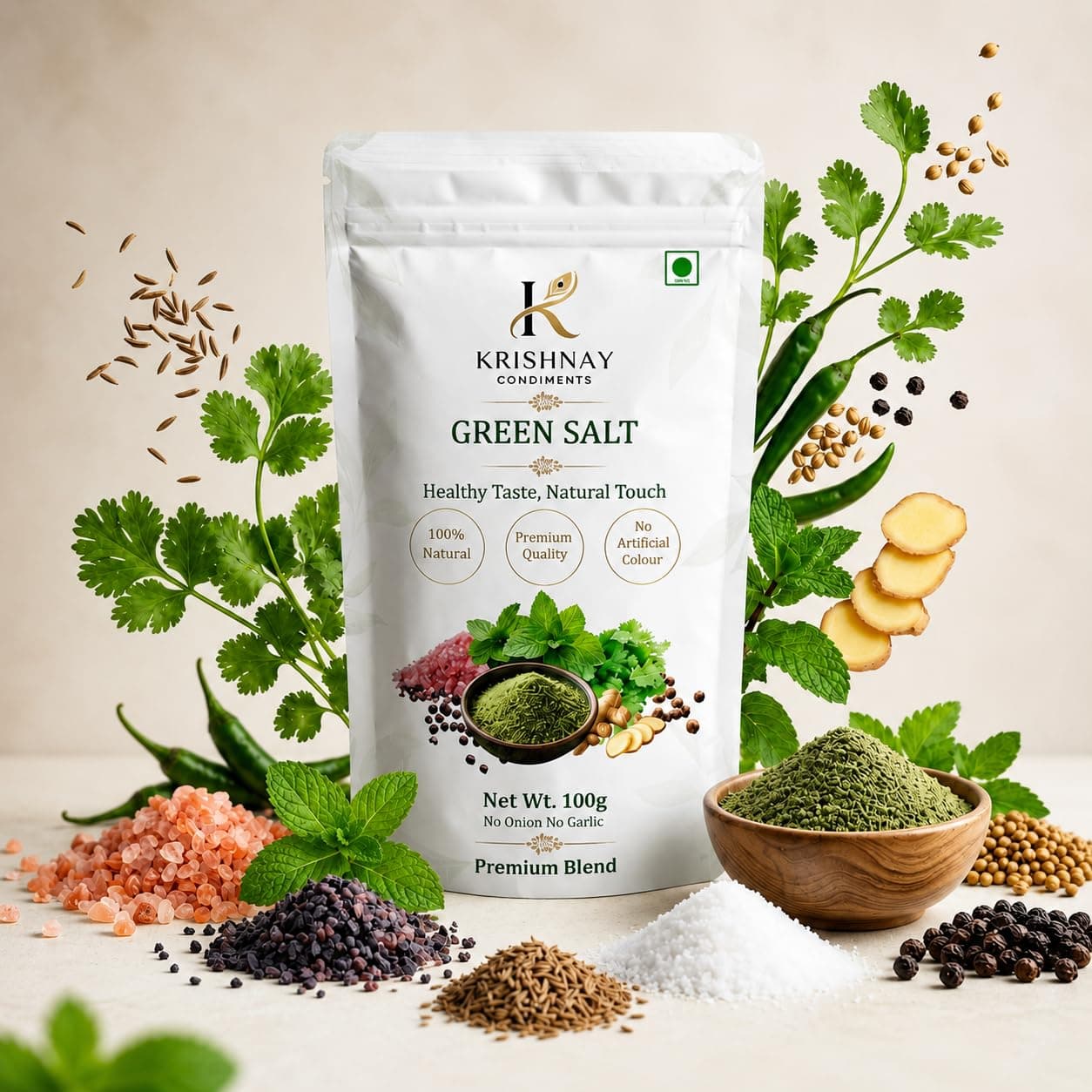 Natural Green Salt Seasoning | Herbal Flavored Salt Mix with Mint Coriander Spices | No Onion No Garlic Premium Blend (100g) — image 7