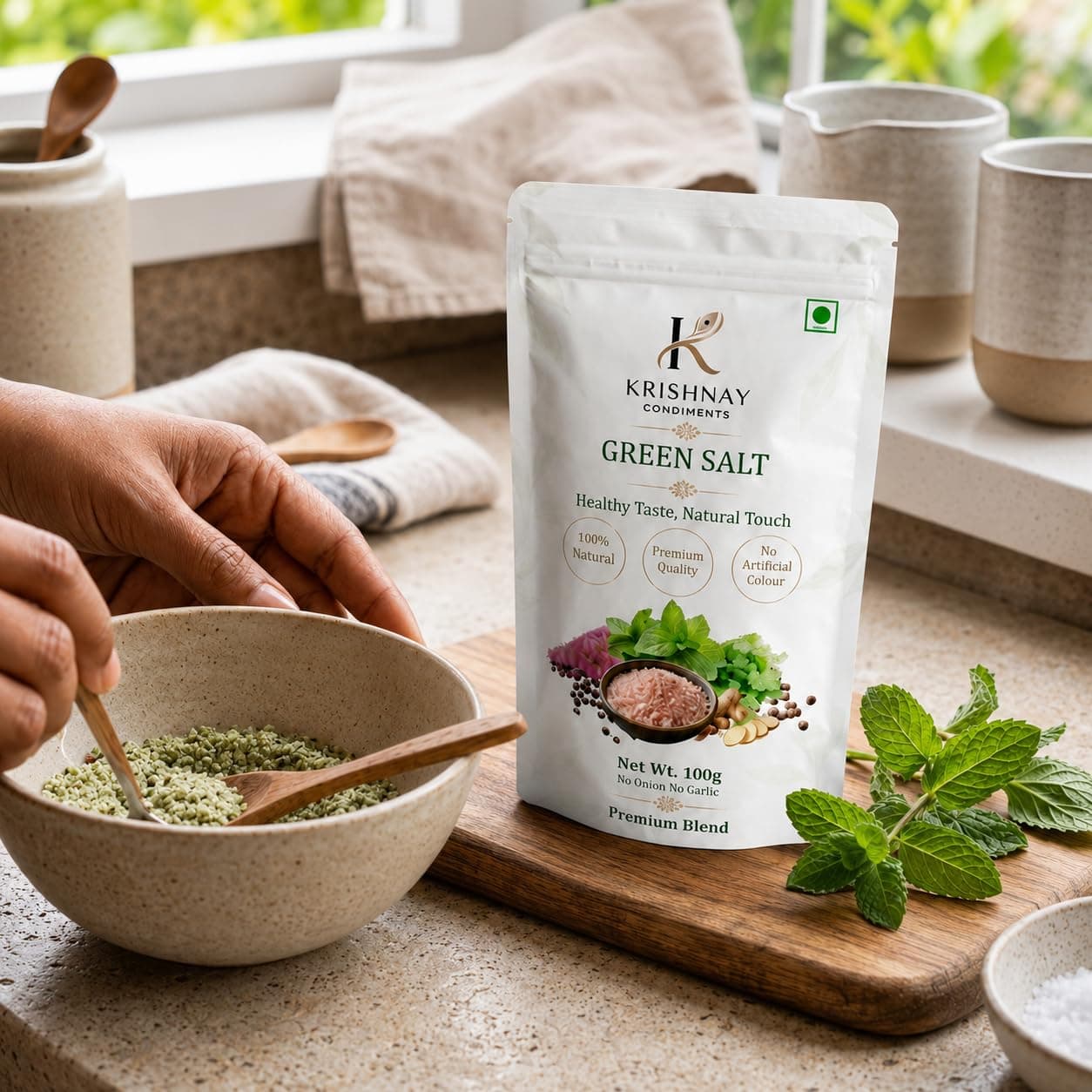 Natural Green Salt Seasoning | Herbal Flavored Salt Mix with Mint Coriander Spices | No Onion No Garlic Premium Blend (100g) — image 2
