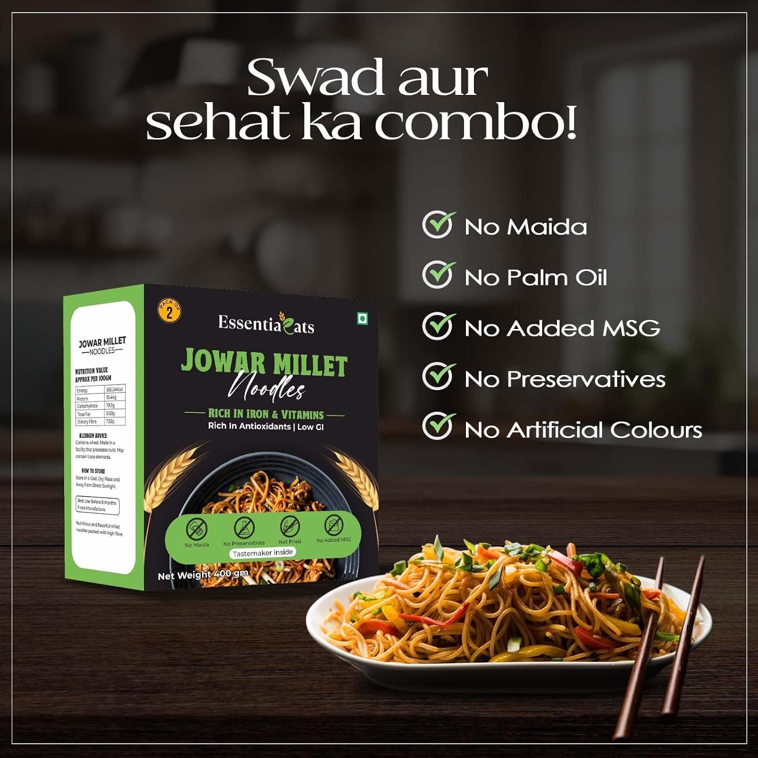 Essentiaeats Jowar Millet Noodles Includes Tastemaker 400g Pack of 2, No Maida Not Fried No Preservatives No MSG Healthy Hakka Noodles Ready to Cook — image 6