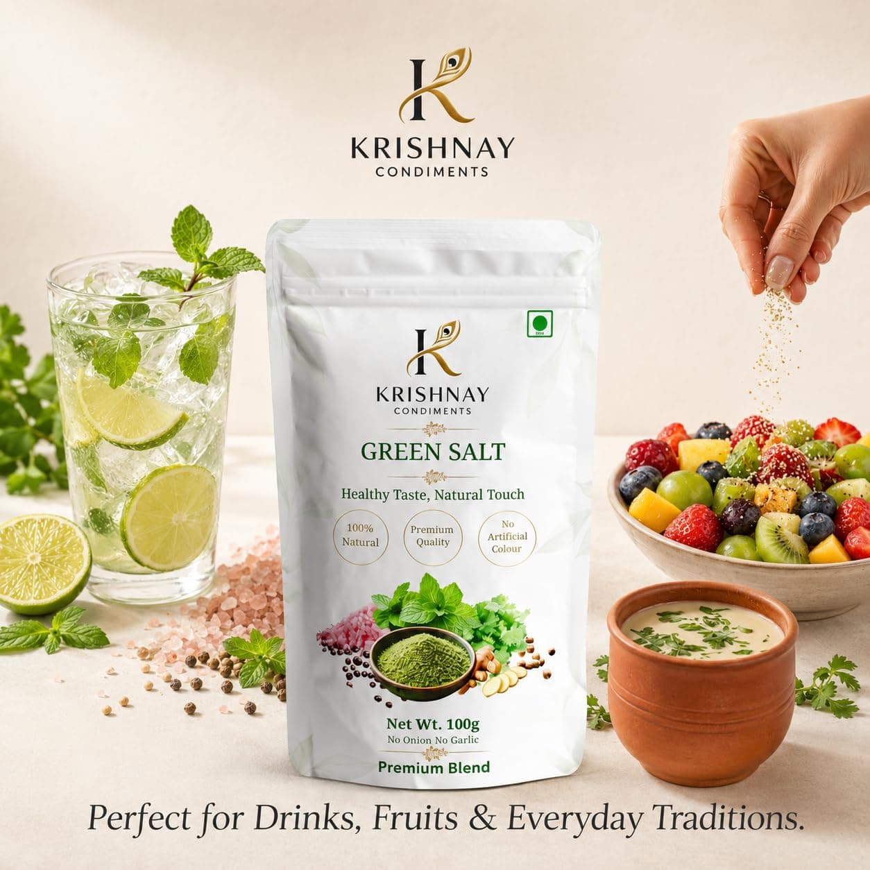 Natural Green Salt Seasoning | Herbal Flavored Salt Mix with Mint Coriander Spices | No Onion No Garlic Premium Blend (100g) — image 4