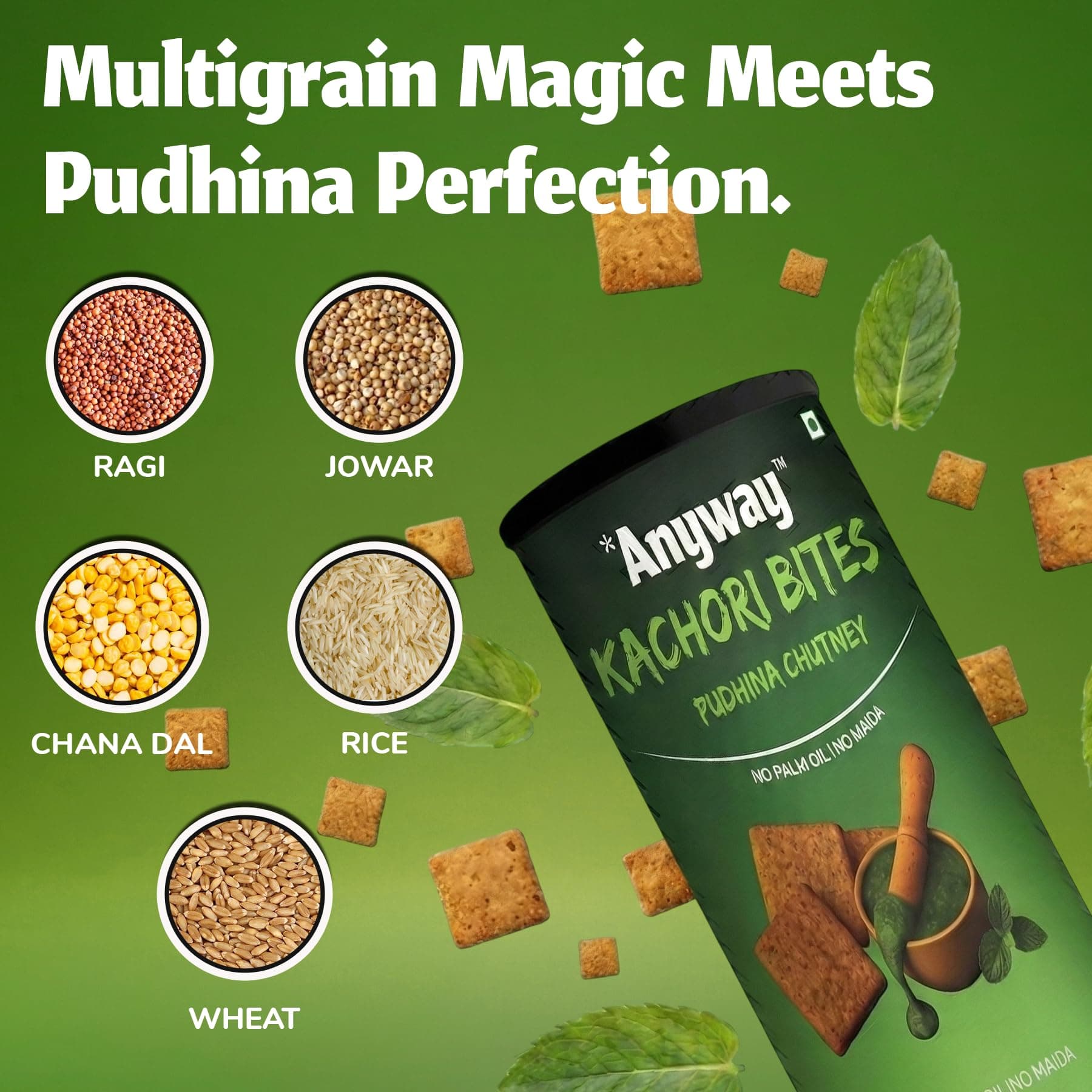 Anyway Kachori Bites Pudina Chutney | No Maida No Palm Oil | Multigrain Snack | Kota's Bold Street Kachori in a Pack | Refreshing Minty Flavour | No Onion No Garlic | | Anytime Snack | (120g - pack of 1, pudina flavor) — image 3