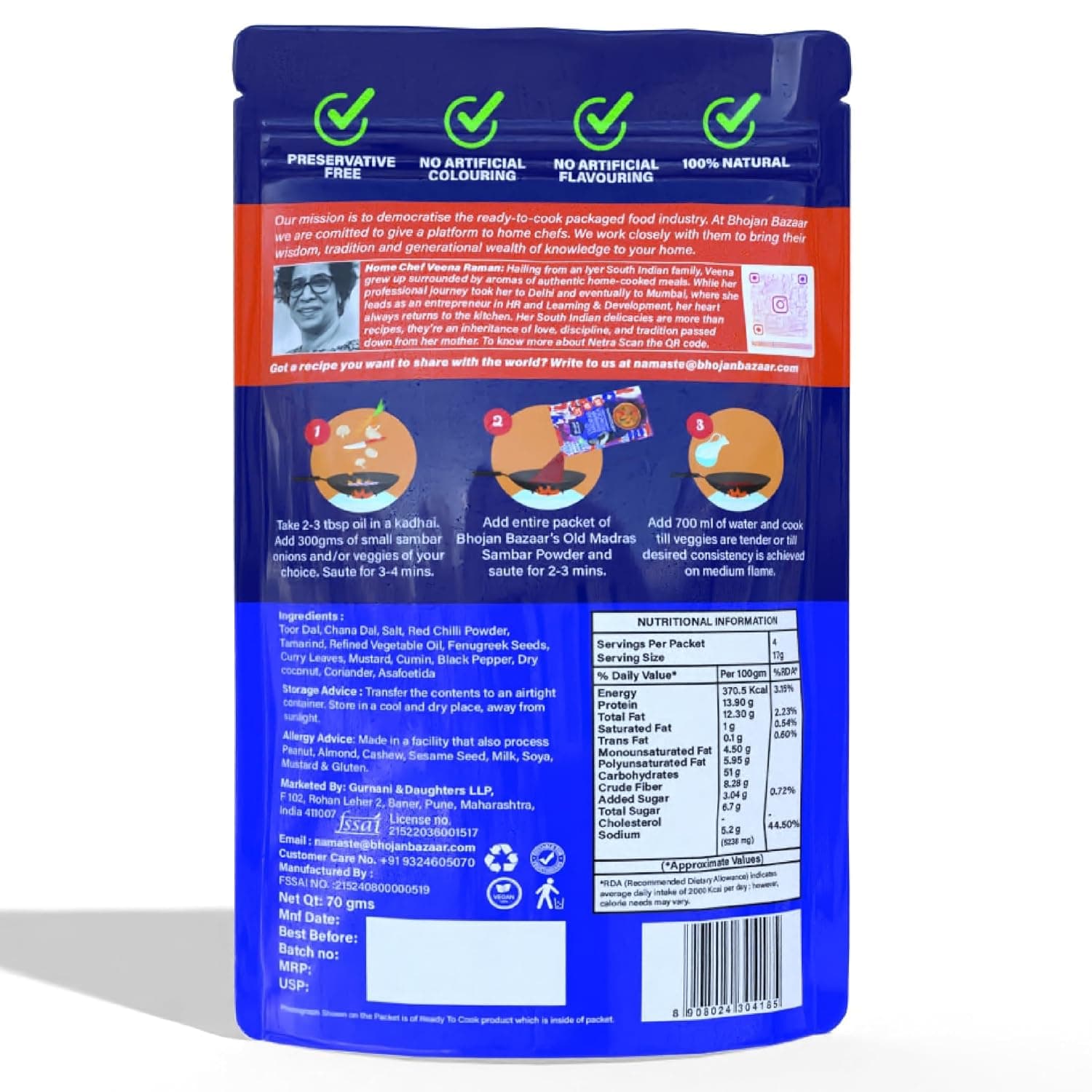 Bhojan Bazaar Old Madras Sambar Powder - Pack of 2, 70 g Each | No Onion No Garlic Ready To Cook in 10 min | Serves 4 | South Indian Sambar With Dal | Free From Preservatives, Colours & Flavours — image 2