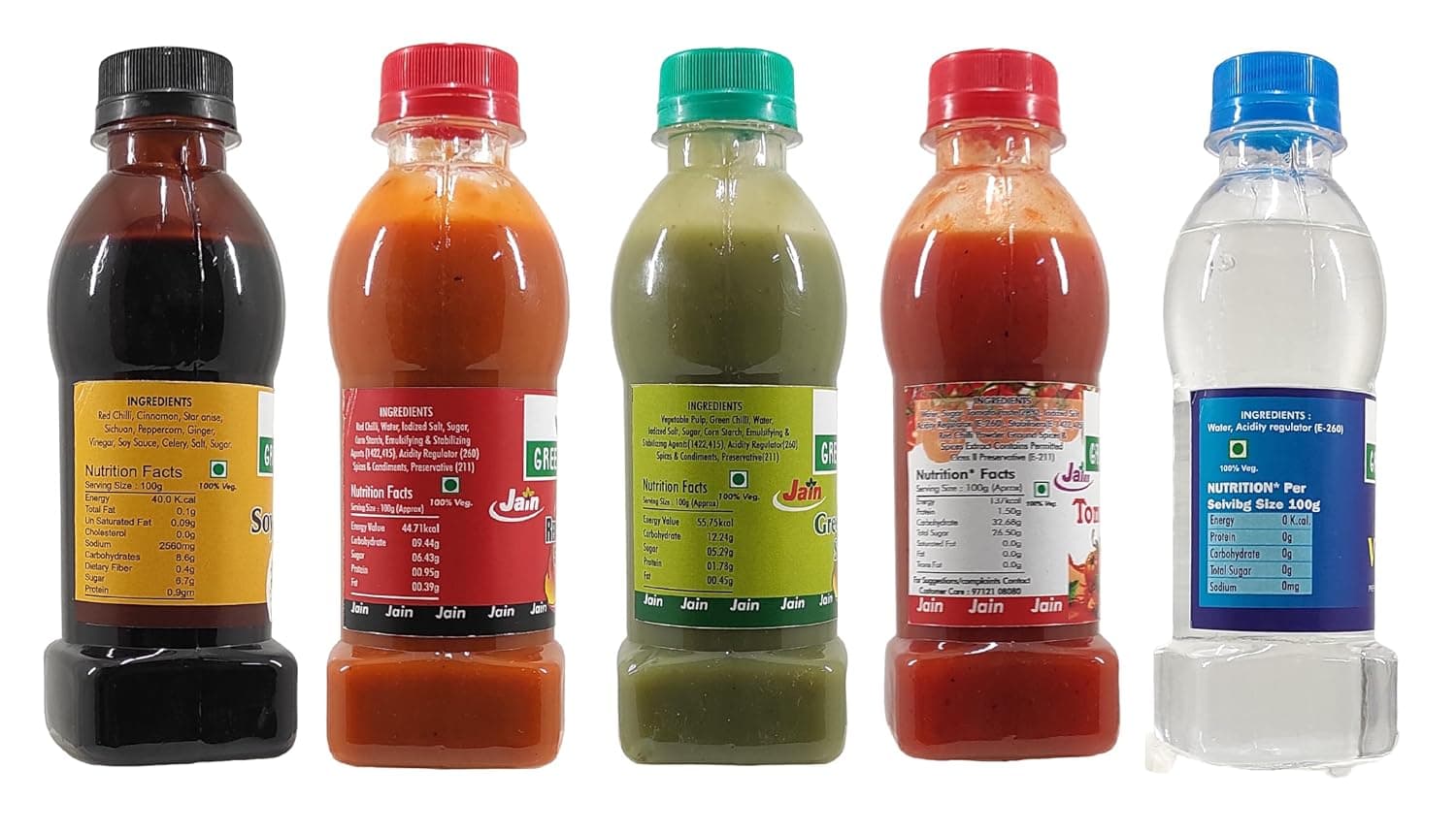 Green Piece Jain Sauce Combo of Soya,Tomato,Green Chilli,Red Chilli and Vinegar (Pack of 5) Sauce (1000 ml) — image 3