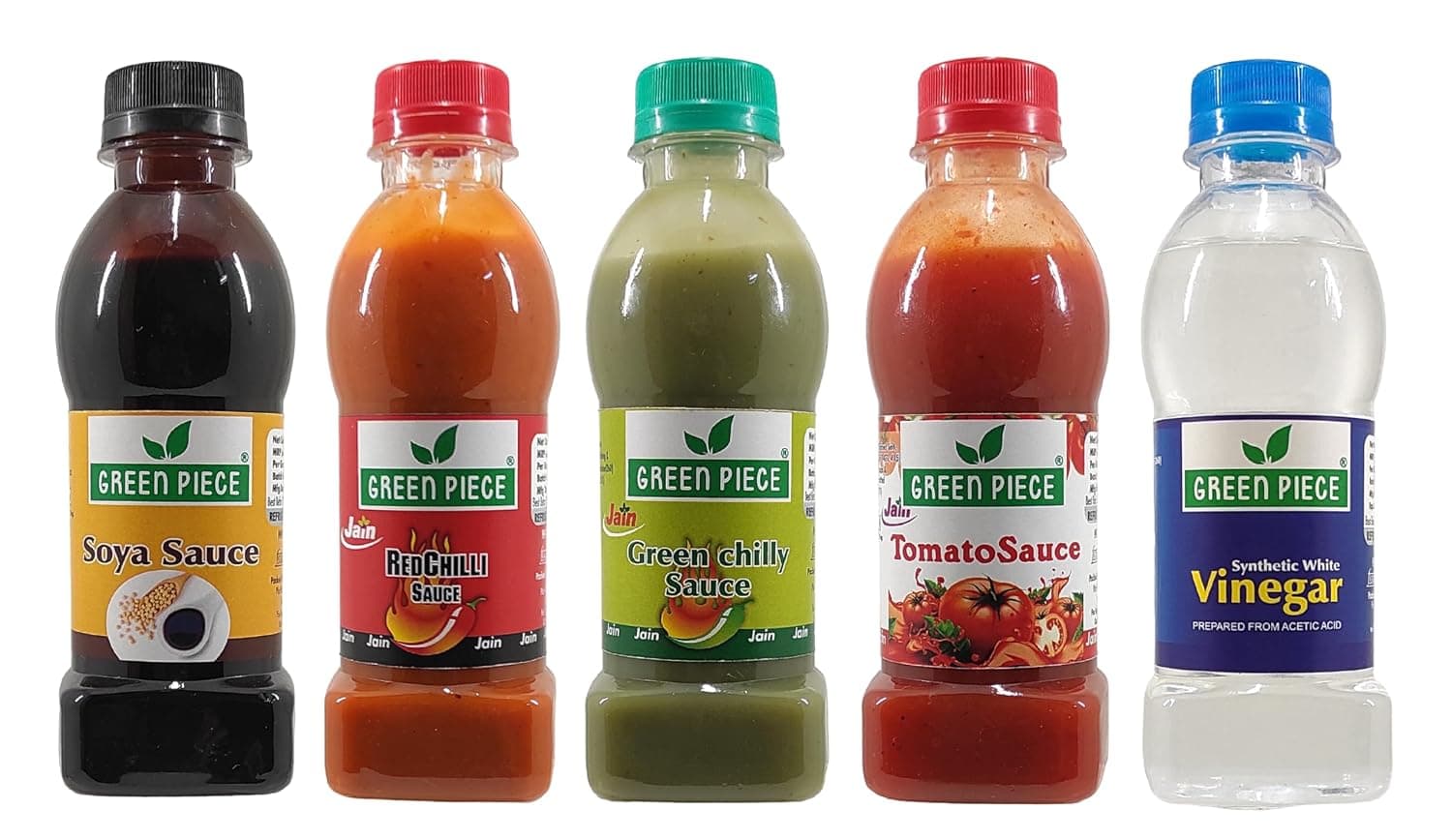 Green Piece Jain Sauce Combo of Soya,Tomato,Green Chilli,Red Chilli and Vinegar (Pack of 5) Sauce (1000 ml)