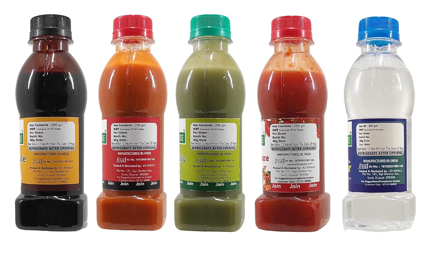 Green Piece Jain Sauce Combo of Soya,Tomato,Green Chilli,Red Chilli and Vinegar (Pack of 5) Sauce (1000 ml) — image 2