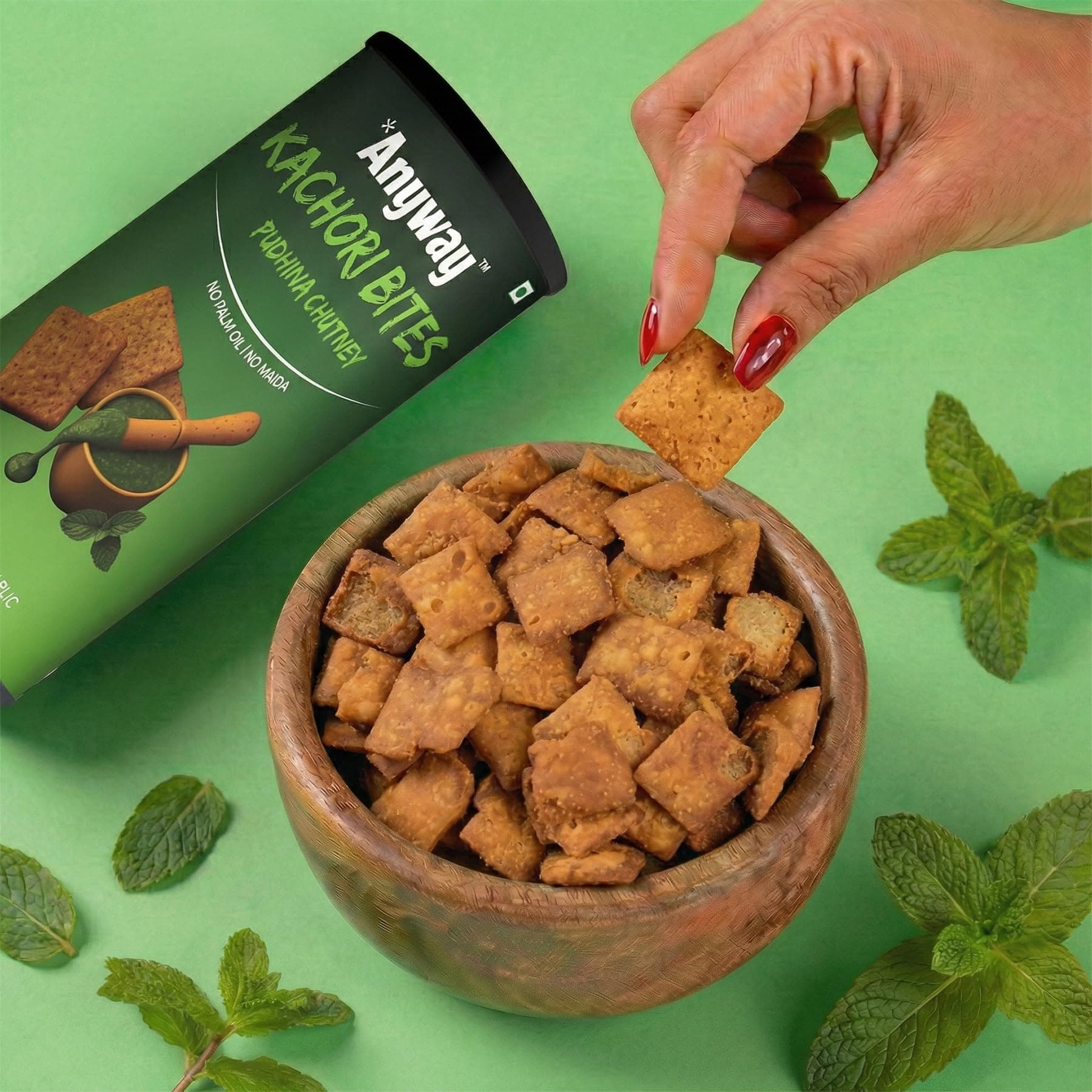 Anyway Kachori Bites Pudina Chutney | No Maida No Palm Oil | Multigrain Snack | Kota's Bold Street Kachori in a Pack | Refreshing Minty Flavour | No Onion No Garlic | | Anytime Snack | (120g - pack of 1, pudina flavor) — image 4